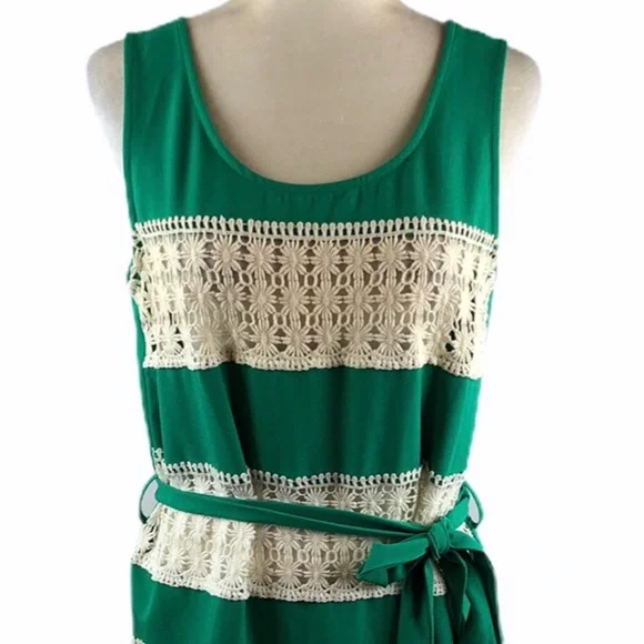 C. Luce Green Crochet Lace Panel Belted Dress - Picture 2 of 8